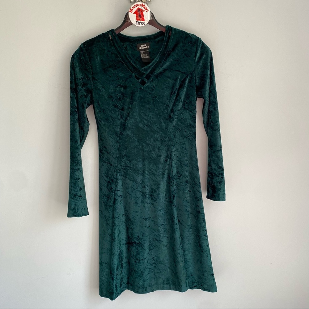 Brett Alixander VTG Green Crushed Velvet Long Sleeve Fit Flare Y2K 90s Size 6